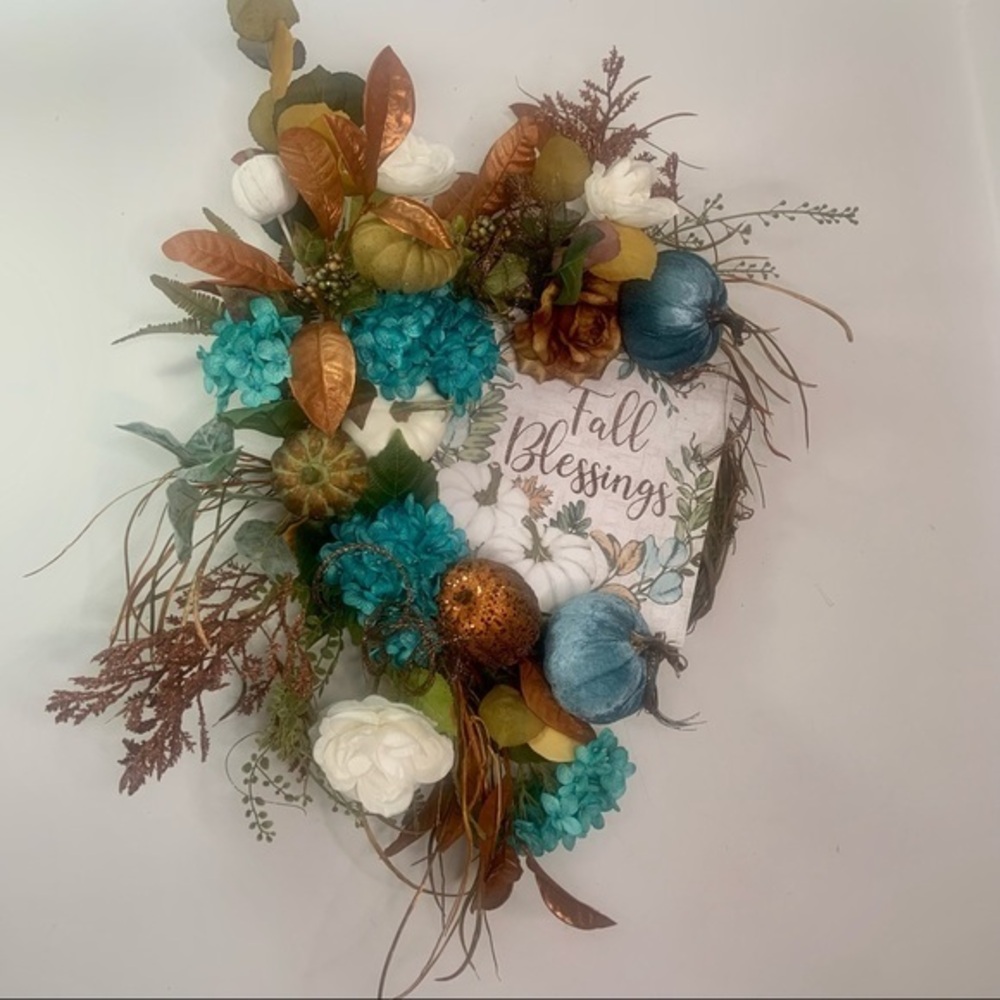 New Unique Fall Floral Teal Blue Hydrangea Copper Door Wall Autumn Wreath